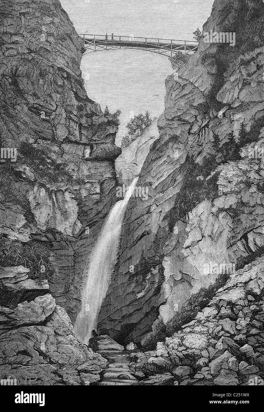Cascata Poellatfall con Marienbruecke bridge, vicino al Castello di Neuschwanstein, Germania, storico illustrazione, 1877 Foto Stock