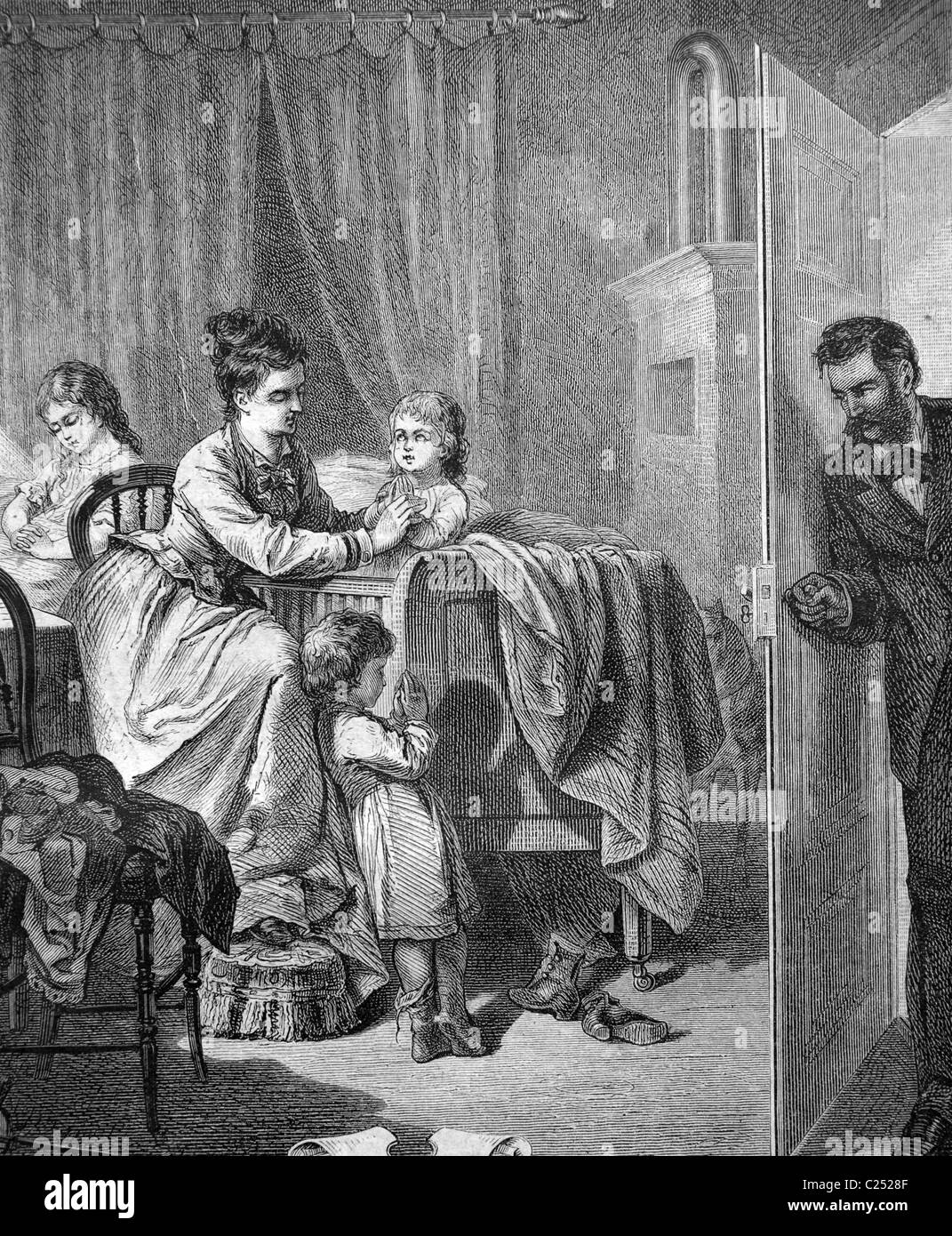 Famiglia come i loro figli a letto, storico illustrazione, 1877 Foto Stock
