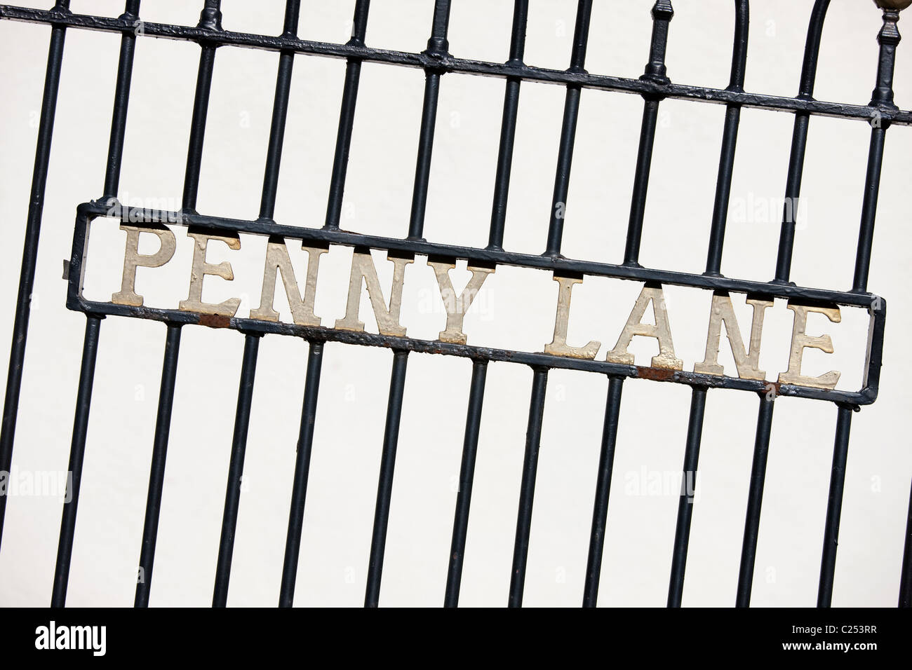 Ringhiera segno per Penny Lane, Liverpool Foto Stock