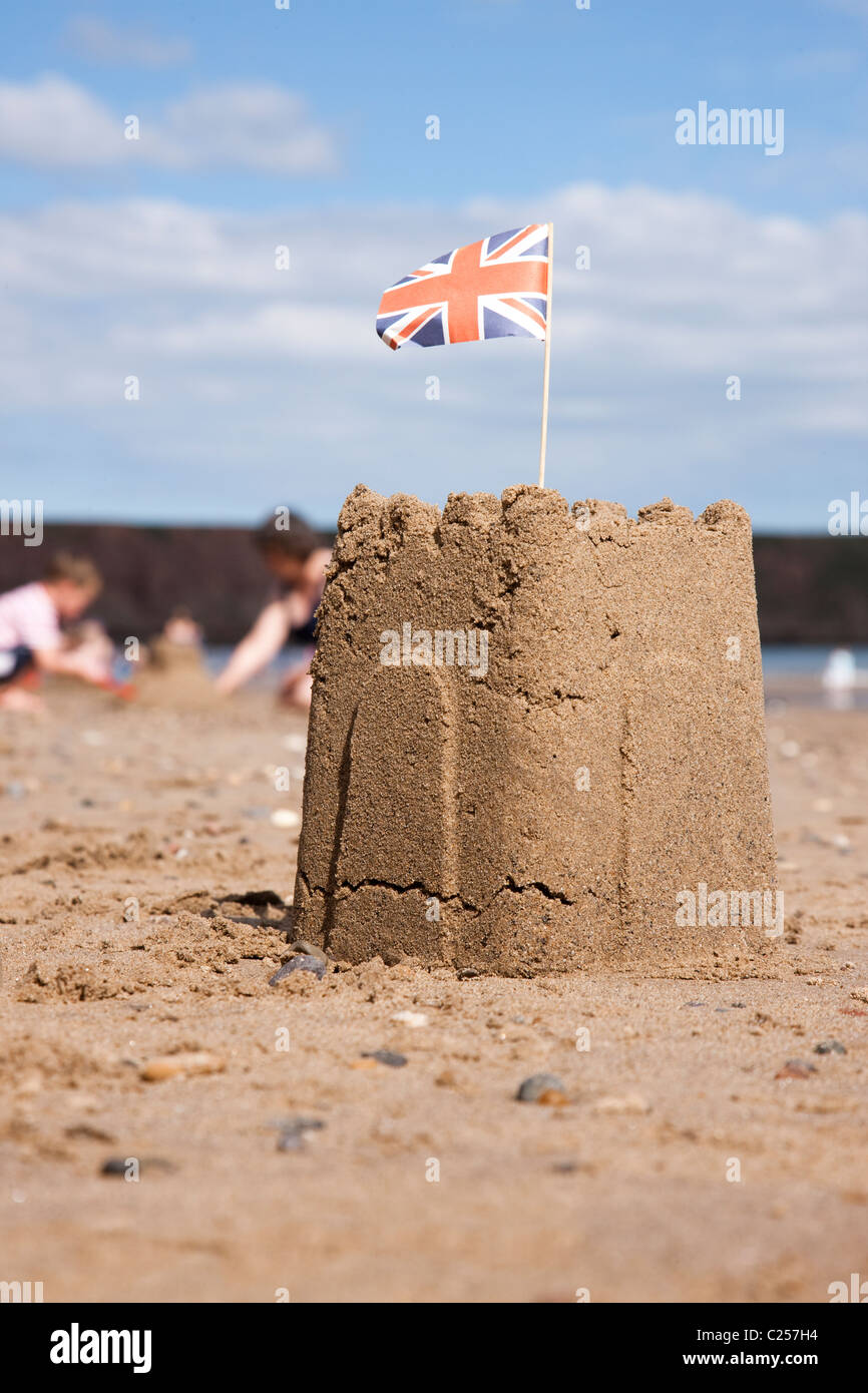 Inglese classico castello di sabbia sulla spiaggia a Filey, East Yorkshire Foto Stock