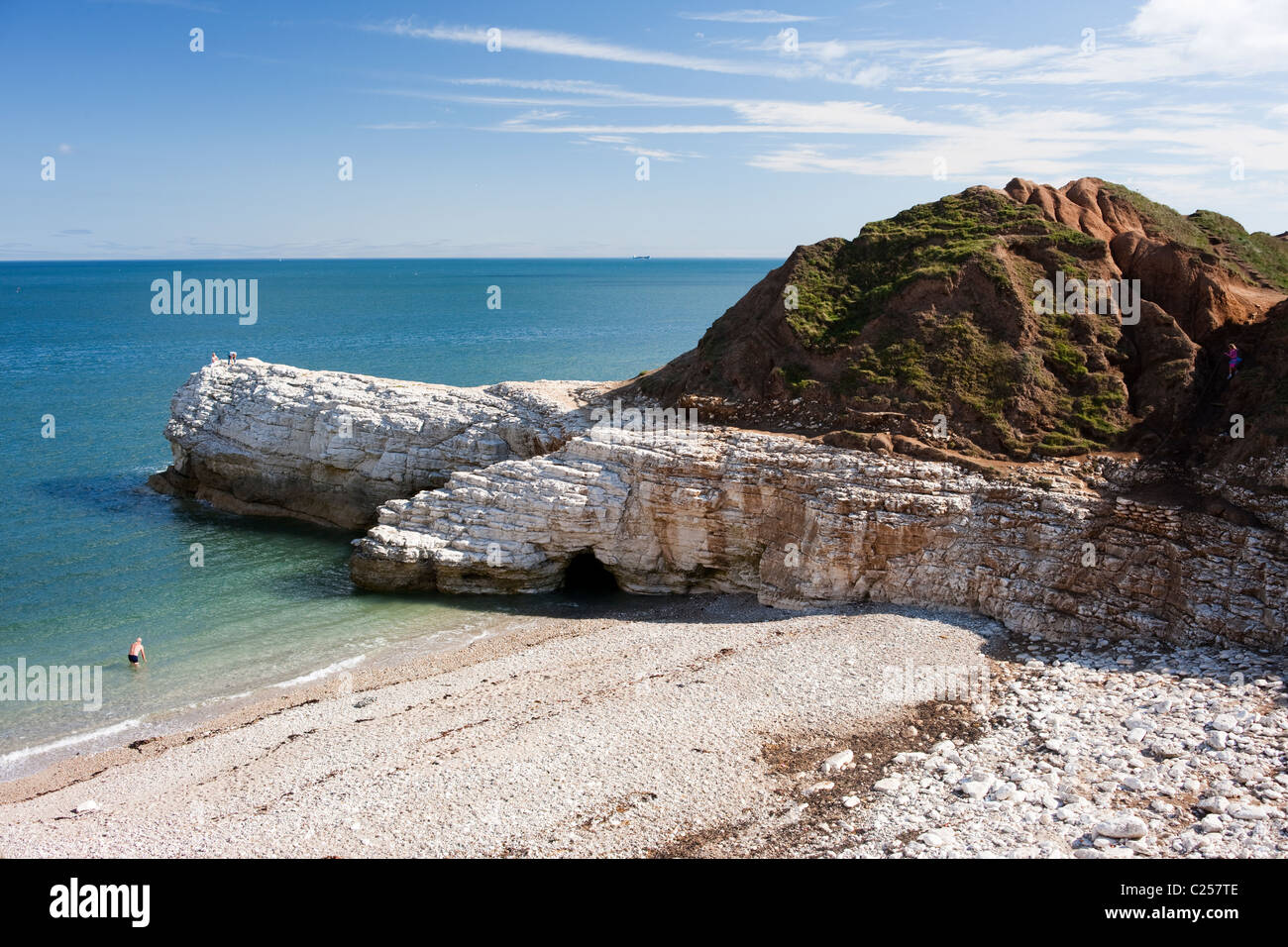 Un nuotatore braves nei mari freddi a Thornwick Bay, Flamborough, East Yorkshire Foto Stock