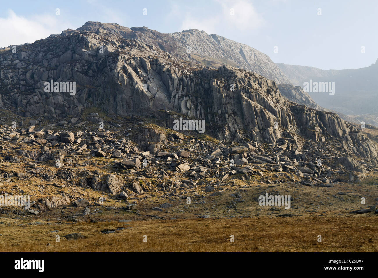 Roccia chiamato Gribin sfaccettatura in Snowdonia Foto Stock