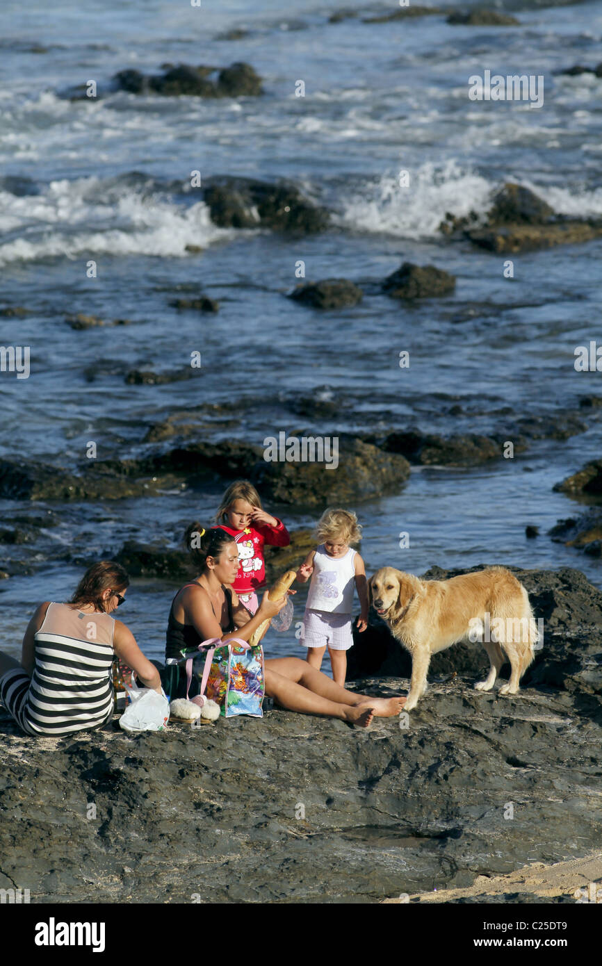 Le persone aventi picnic su rocce JEFFREY'S BAY EASTERN CAPE SUD AFRICA 26 Gennaio 2011 Foto Stock