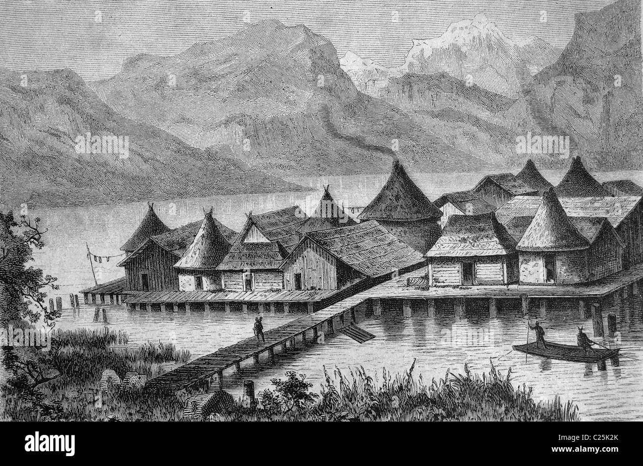 Palafitte villaggio sul lago di Costanza, in Germania, storico illustrazione, 1877 Foto Stock