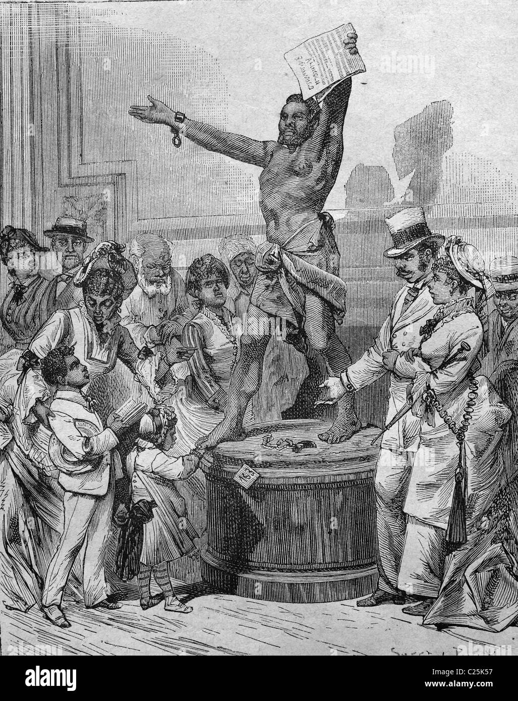Statua commemora la liberazione degli schiavi neri, alla fiera mondiale di Philadelphia, Stati Uniti d'America, storico illustrazione, 1877 Foto Stock