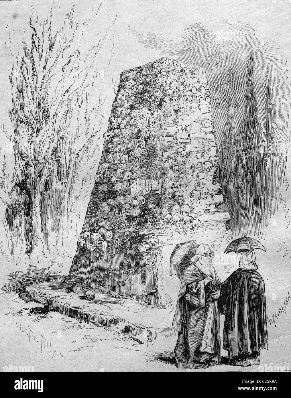 Piramide, Kele Kaleffi di teschi dei cristiani uccisi dai Turchi in Risch, vecchio Serbia, nel 1809, la Serbia, storico illustr Foto Stock