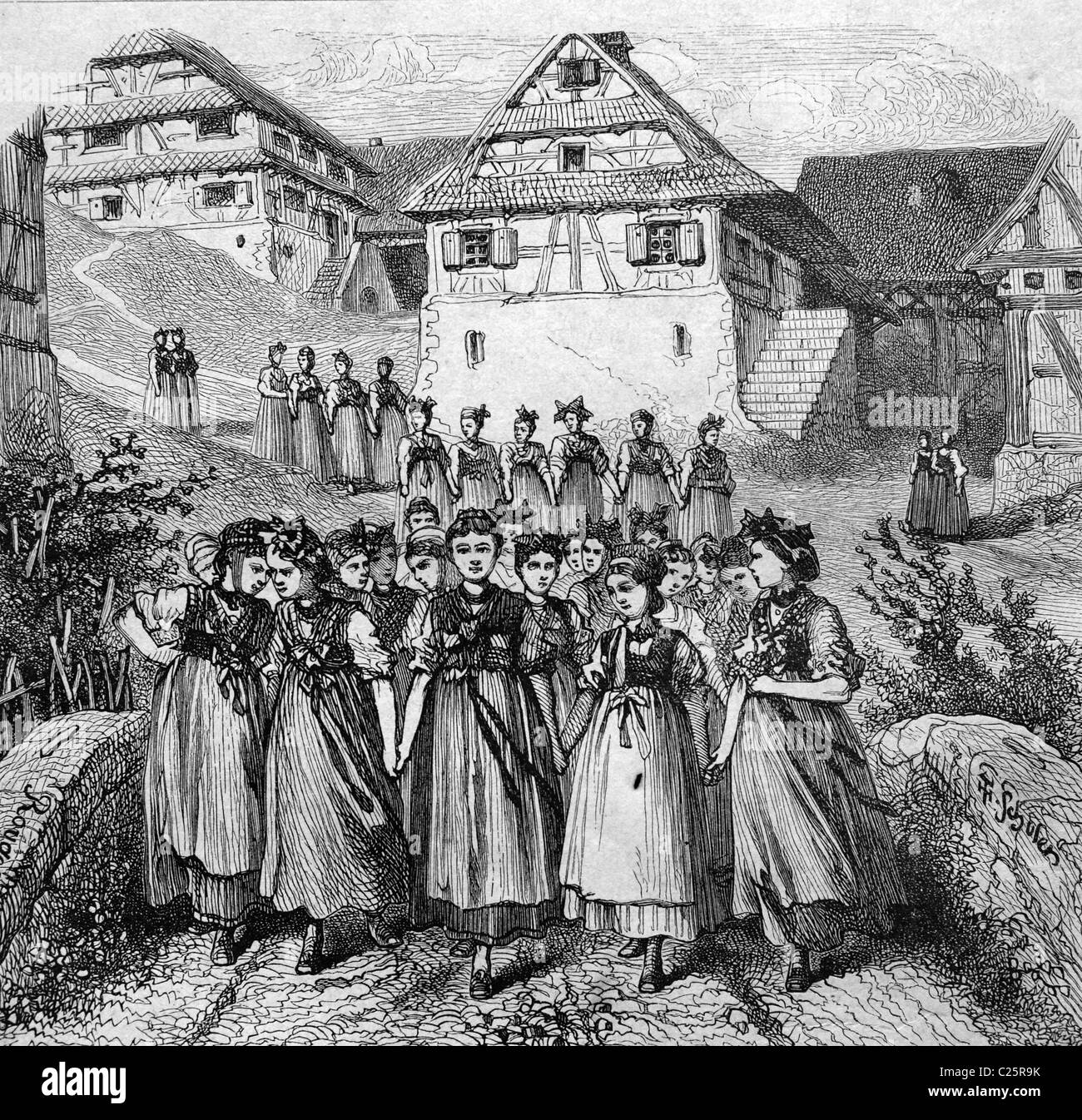 Villaggio alsaziano ragazze su una domenica pomeriggio passeggiata, Francia, storico illustrazione, 1877 Foto Stock