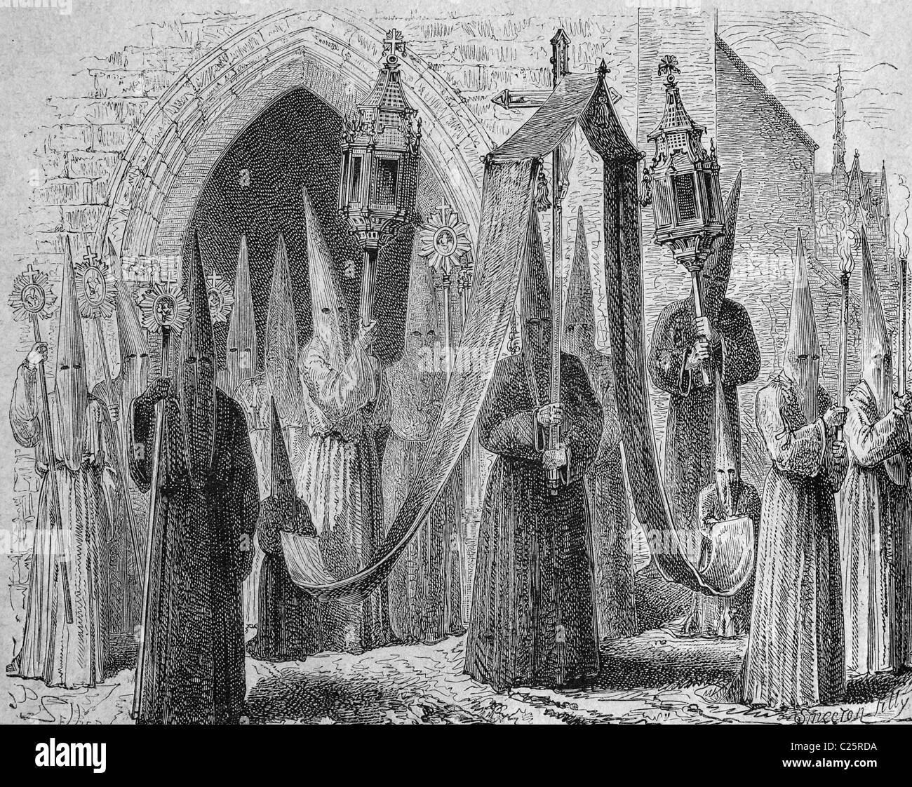 Processione dei membri di un ordine di penitenti, Francia, Spagna, storico illustrazione, 1877 Foto Stock