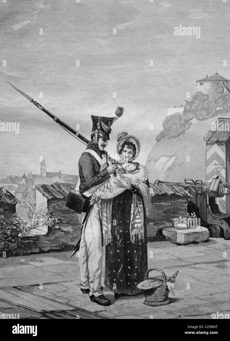 Membro del comitato di vigilanza sul congedo in famiglia con la moglie e il bambino, illustrazione storico circa 1893 Foto Stock