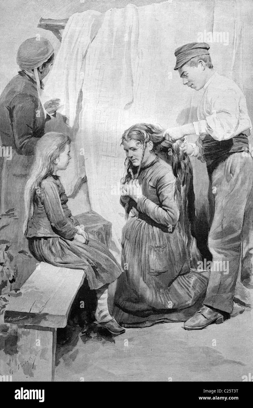 Acquirente di capelli in Francia, illustrazione storico circa 1893 Foto Stock