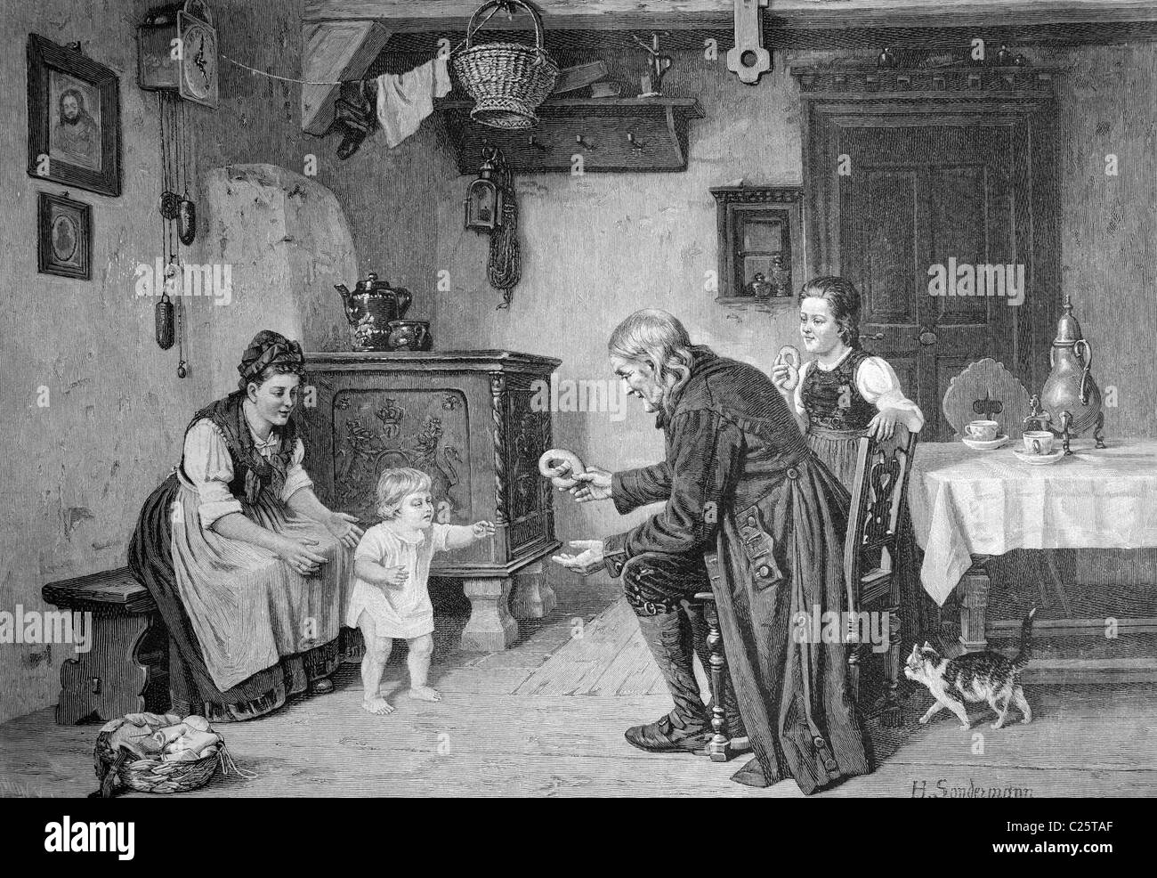 I primi passi del bambino nella famiglia, illustrazione storico circa 1893 Foto Stock