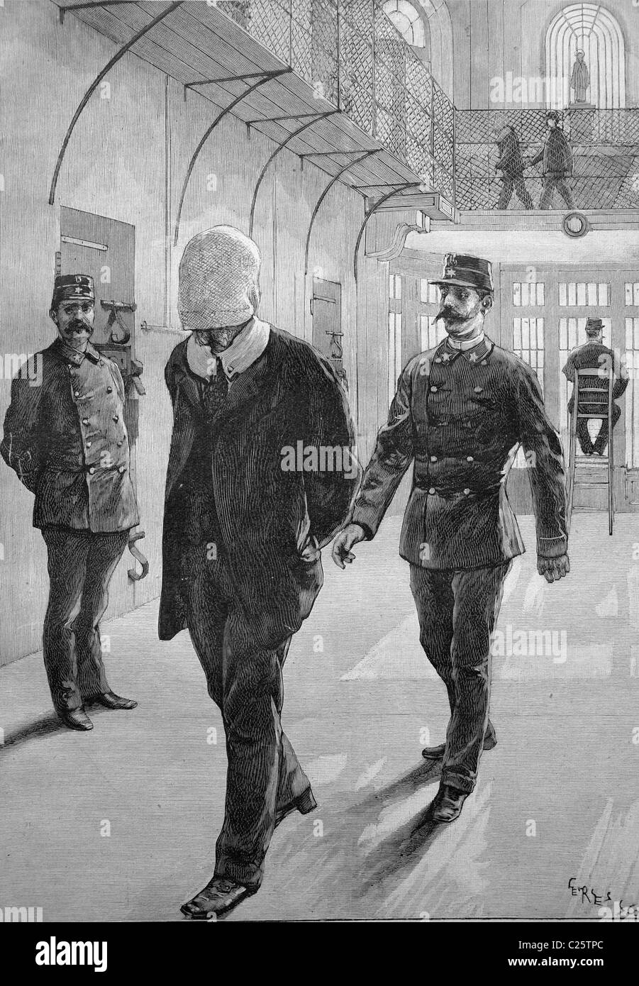 A piedi di un detenuto nel carcere di Stampes in Francia, illustrazione storico circa 1893 Foto Stock