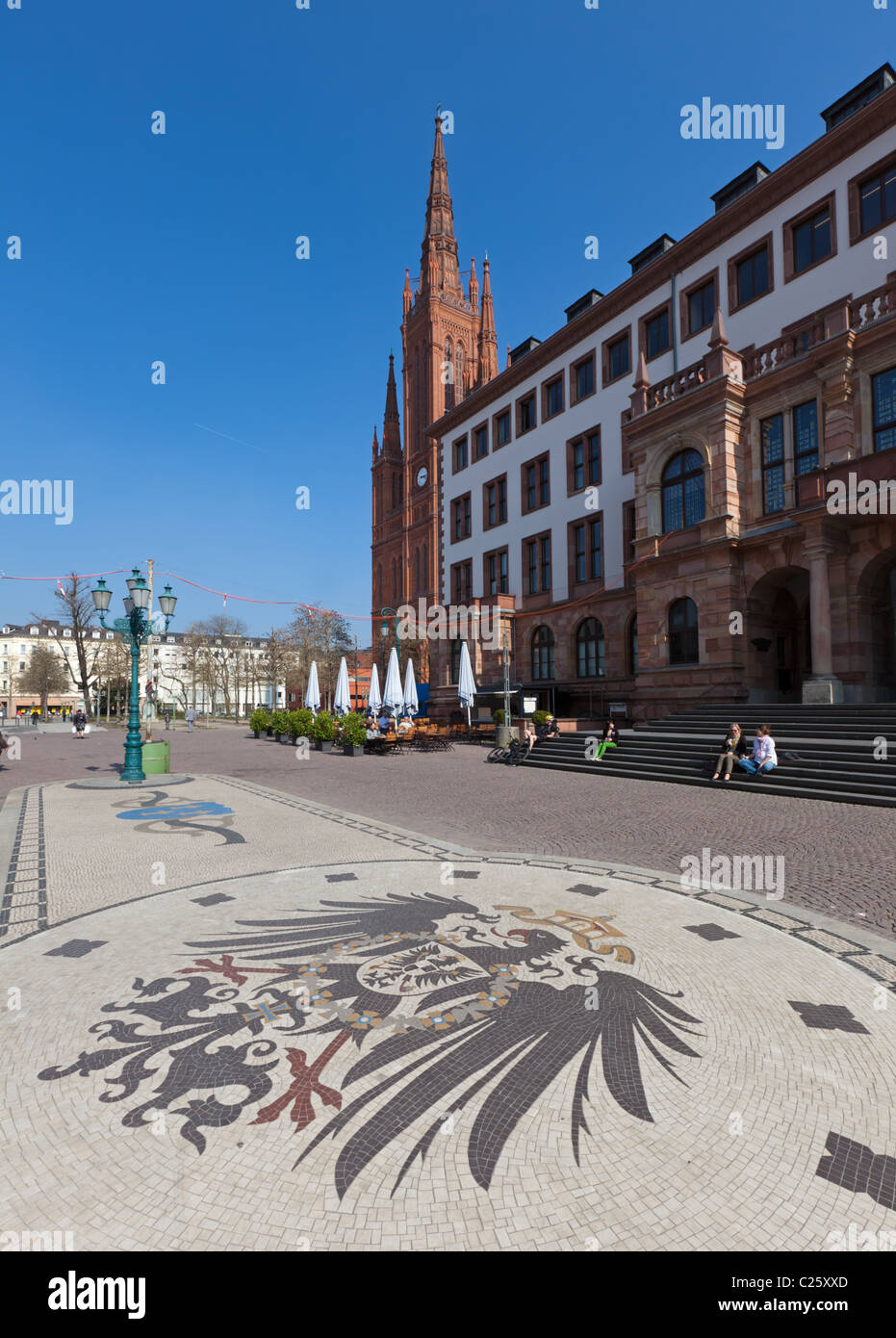 Il Wiesbaden City Hall e Schlossplatz Foto Stock