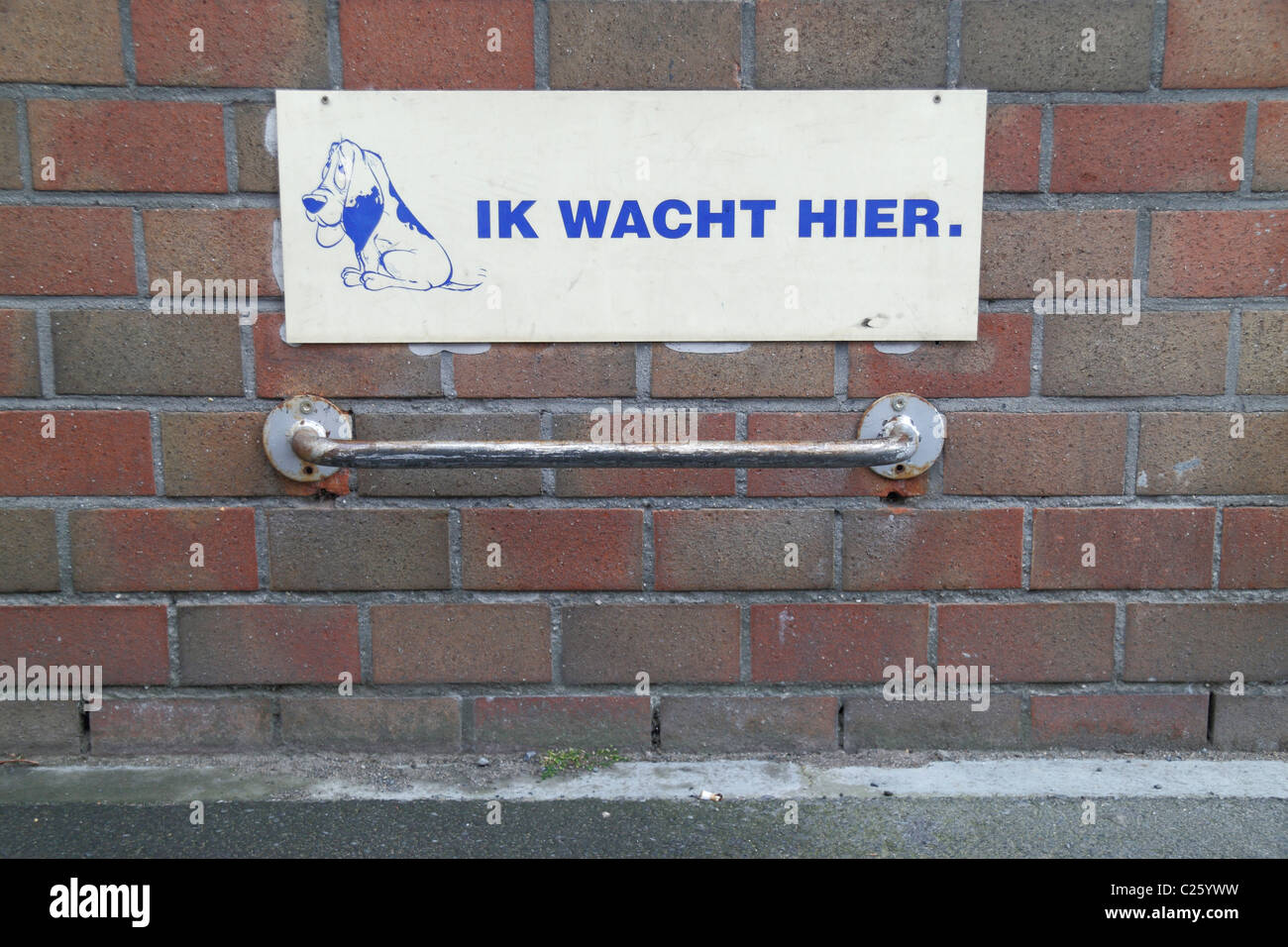 Un luogo per legare i cani ('ik wacht hier' tradurre "aspetterò qui") al di fuori di un supermercato in Veurne, Fiandre Occidentali, Belgio. Foto Stock
