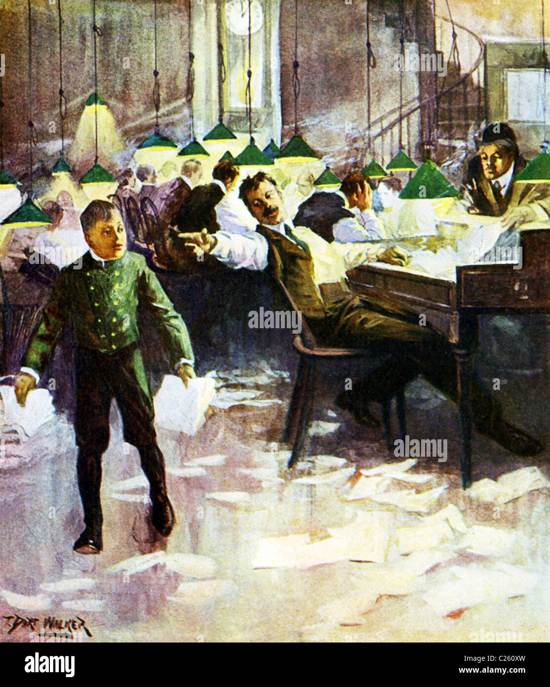 Questa illustrazione 1903 da T. Dart Walker mostra la camera di redazione di un giornale quotidiano negli Stati Uniti al momento. Foto Stock