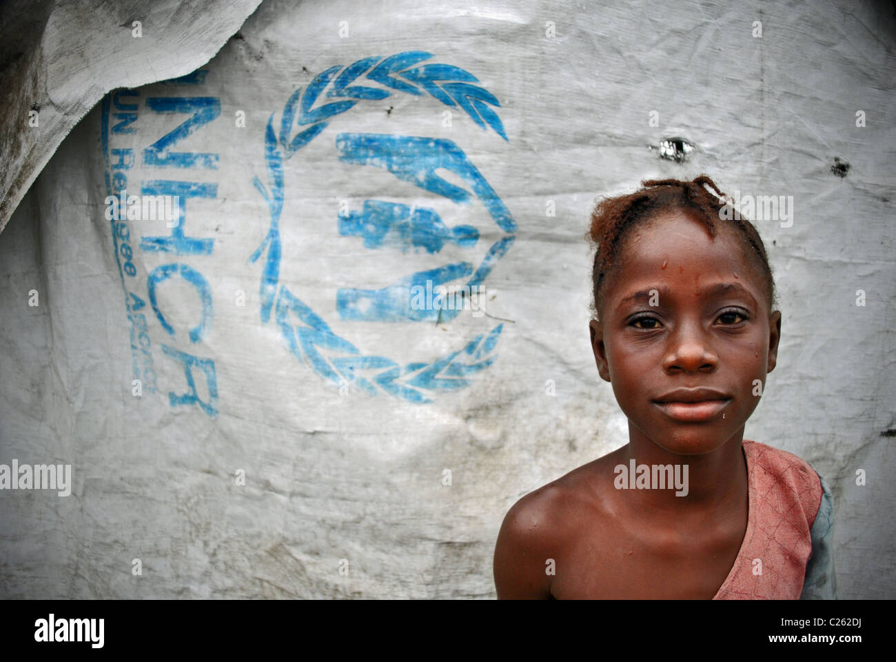 Rifugiati liberiani ragazza in transito Tabou camp, Costa d Avorio, Africa occidentale Foto Stock