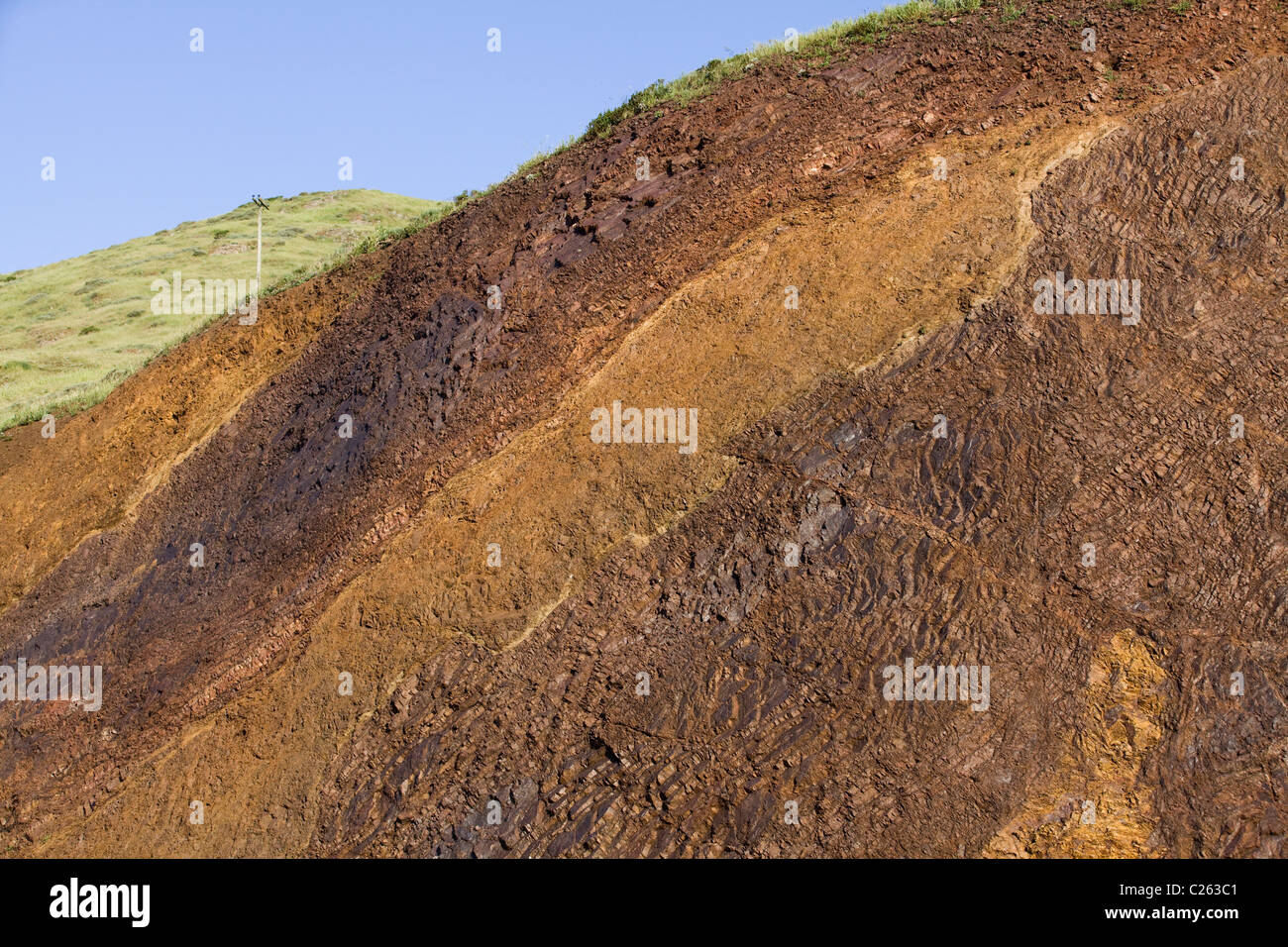 Una vista in sezione trasversale di collina, che mostra gli strati differenti tipi di suolo e rock - California USA Foto Stock