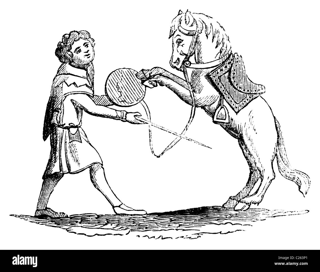 1840s xilografia, cavalli addestrati per svolgere una guerra-tatuaggio su un tamburo o tabor Foto Stock