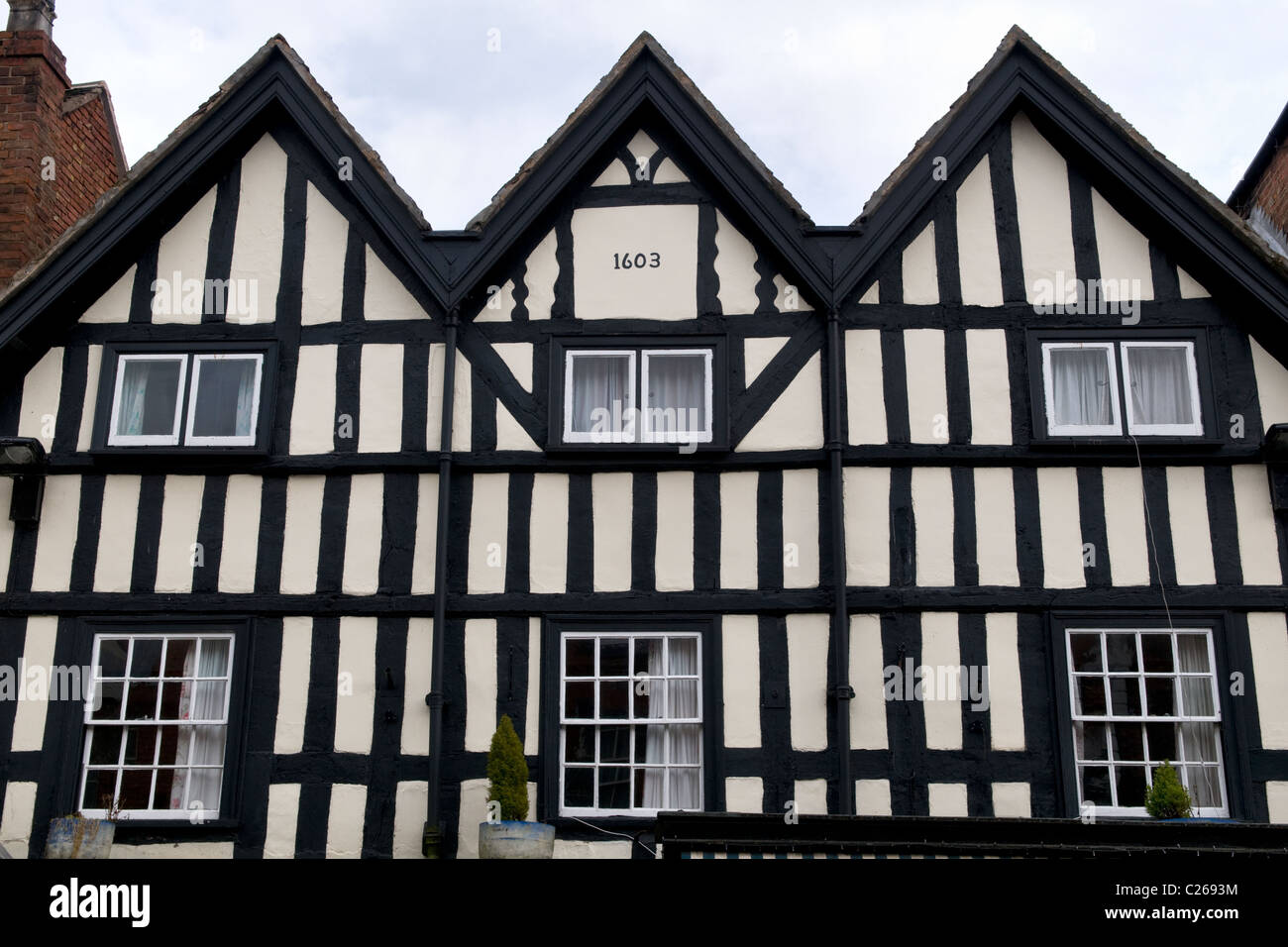 Il vecchio edificio Tudor su main high street, A4104, Upton su Severn, Worcestershire, England, Regno Unito Foto Stock