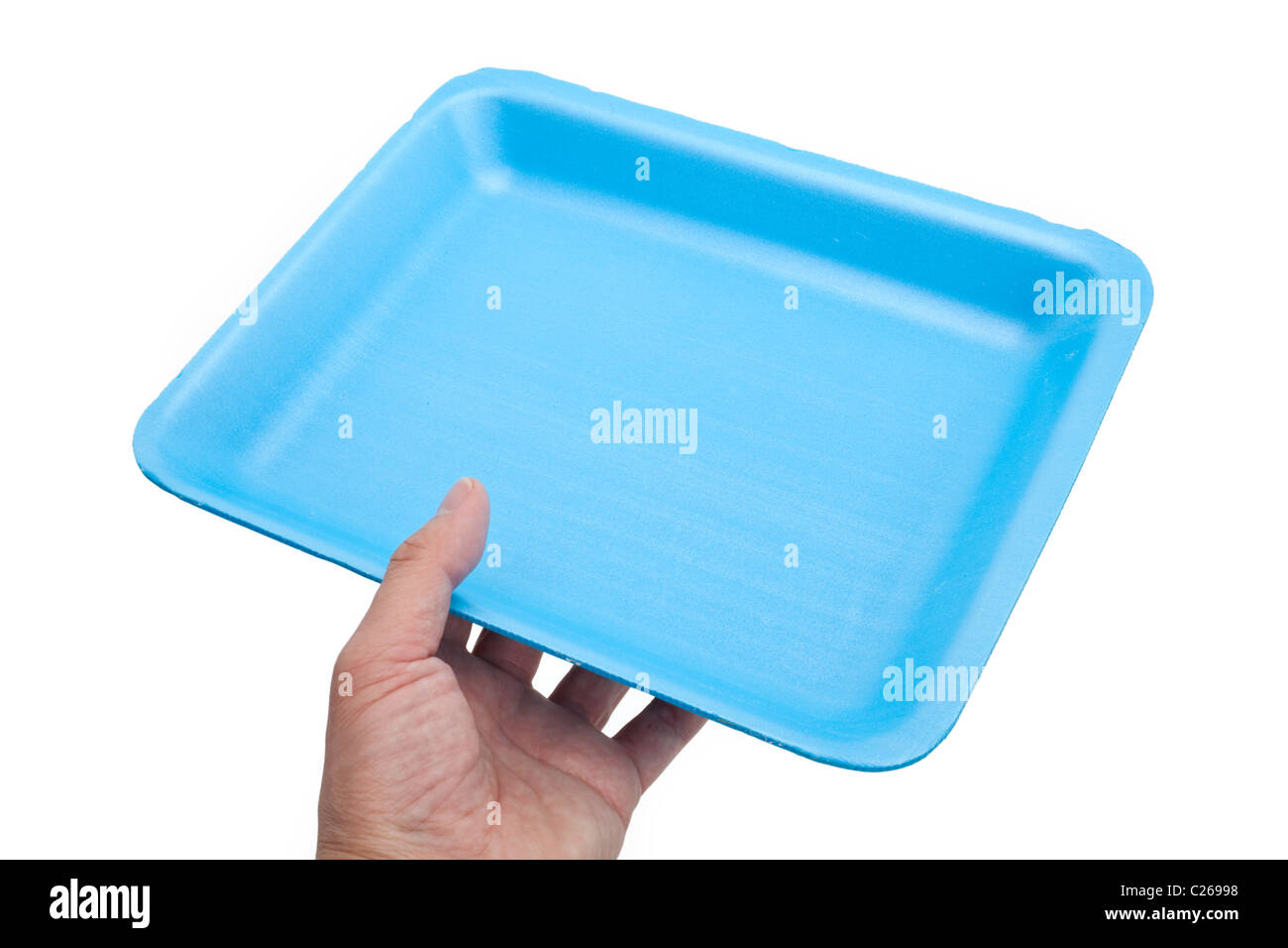 Plastica blu vassoio per alimenti con sfondo bianco Foto Stock