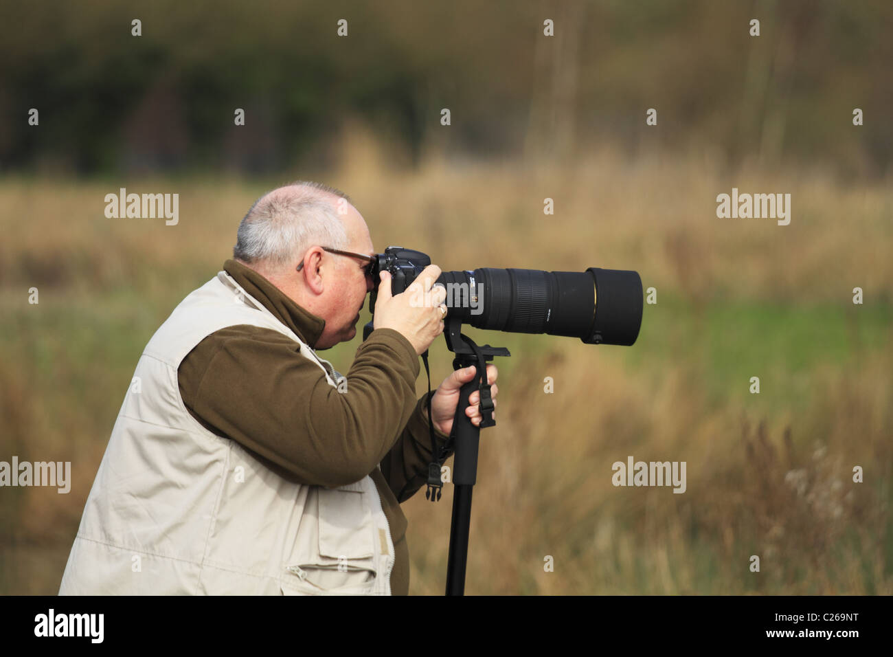 Un bird watcher fotografare la fauna selvatica attraverso un teleobiettivo ad una riserva di uccelli in Arundel, East Sussex, Inghilterra. Foto Stock