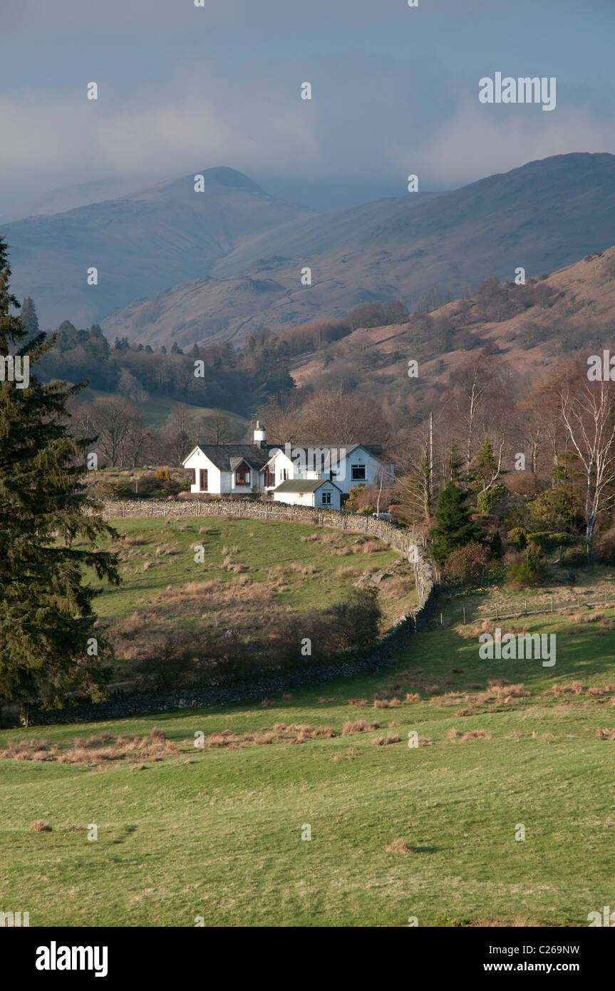 Guardando oltre il cottage a bassa Park, Skelwith Bridge nel distretto del lago verso le montagne di Heron Pike e grande Rigg Foto Stock