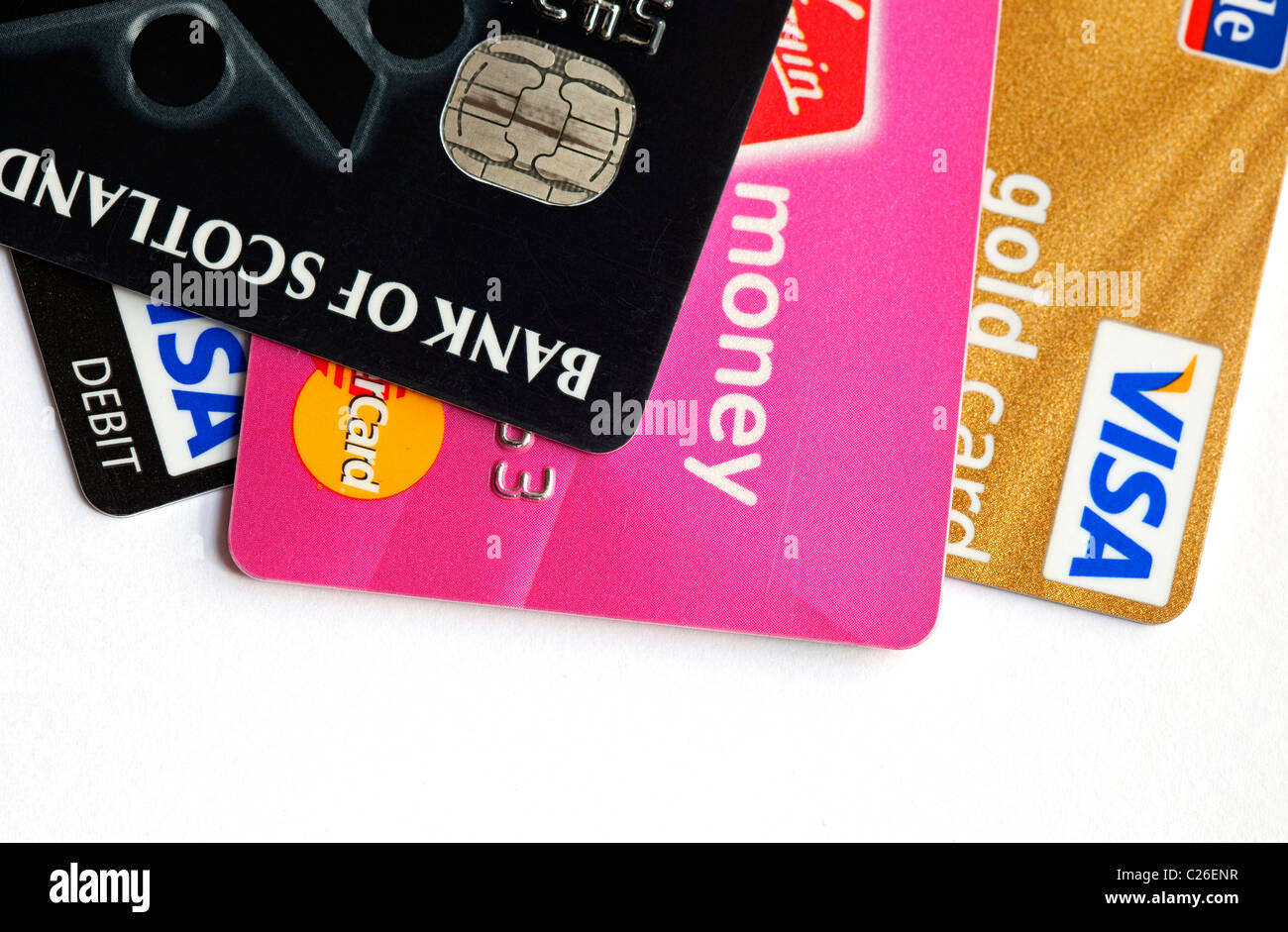 Carte di credito e carte di debito closeup dettaglio Foto Stock