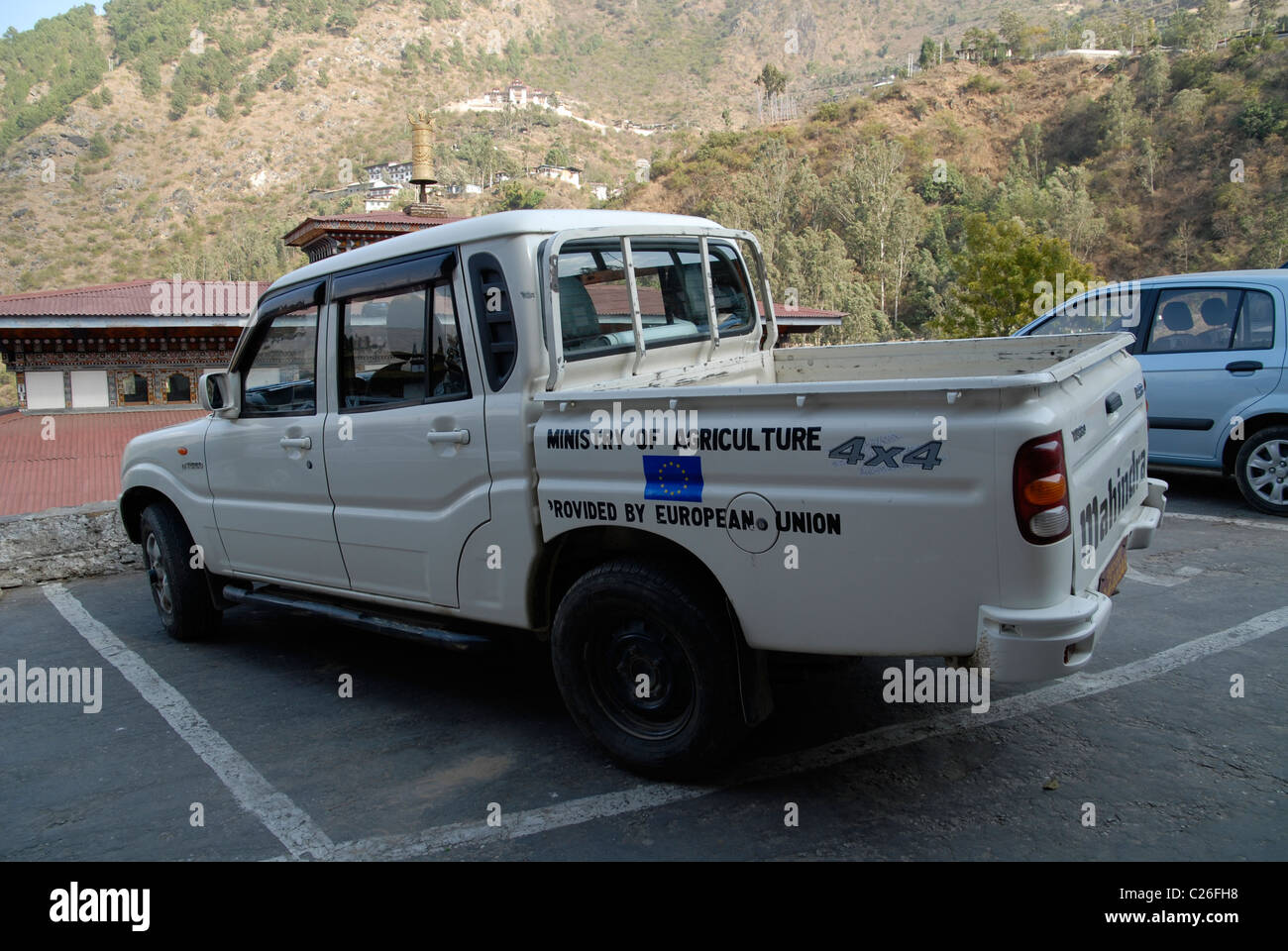 Mahindra 4WD AUTO di prelievo del Ministero dell'agricoltura, Bhutan, fornito dall'Unione europea, Trashigang Foto Stock