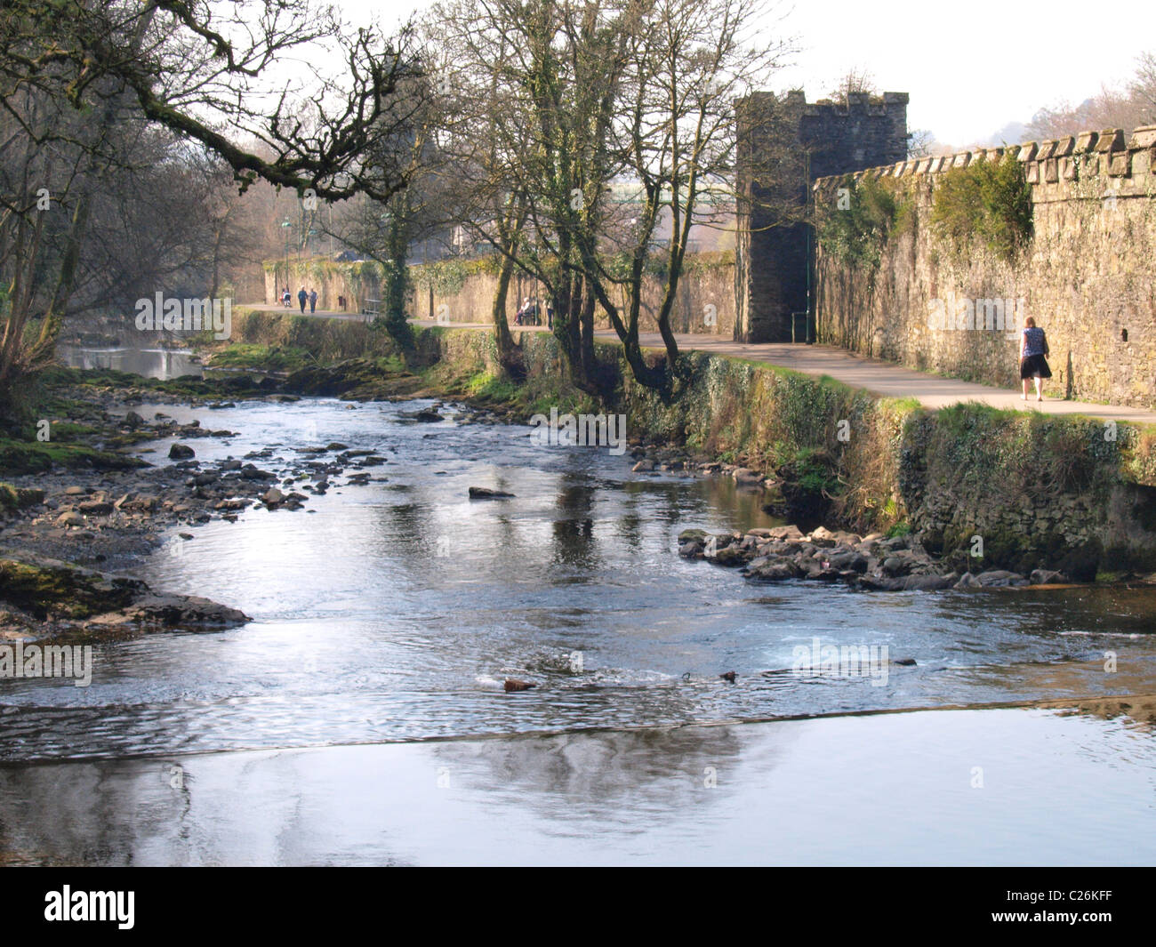 Il percorso lungo il fiume Tavy e abbazia ancora muri di casa, Tavistock, Devon, Regno Unito Foto Stock