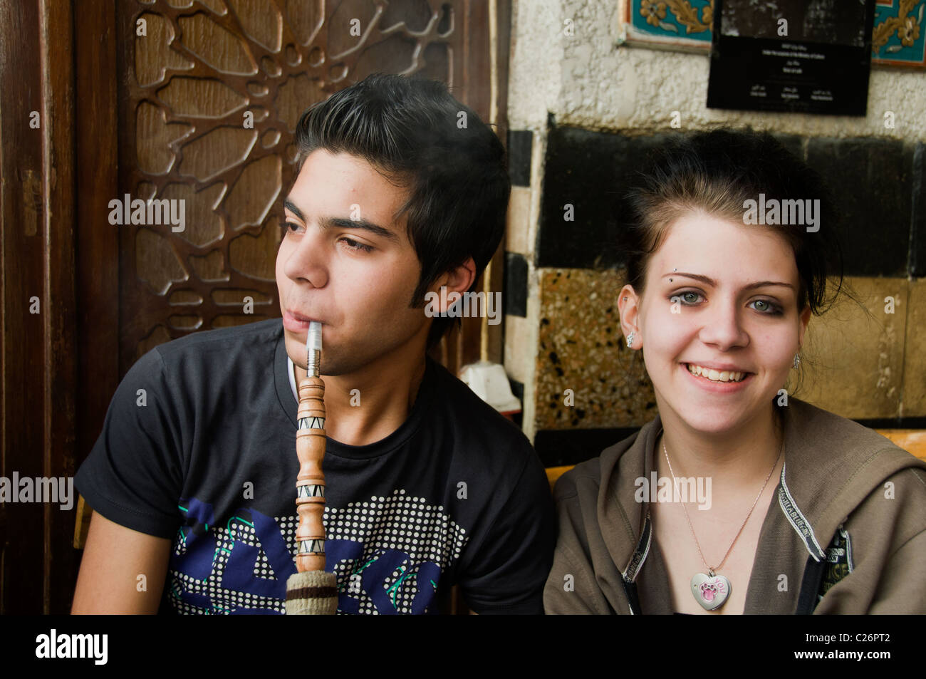 Vecchia di Damasco Siria tubazione acqua Cafe tea coffee house Bazaar Souq Foto Stock