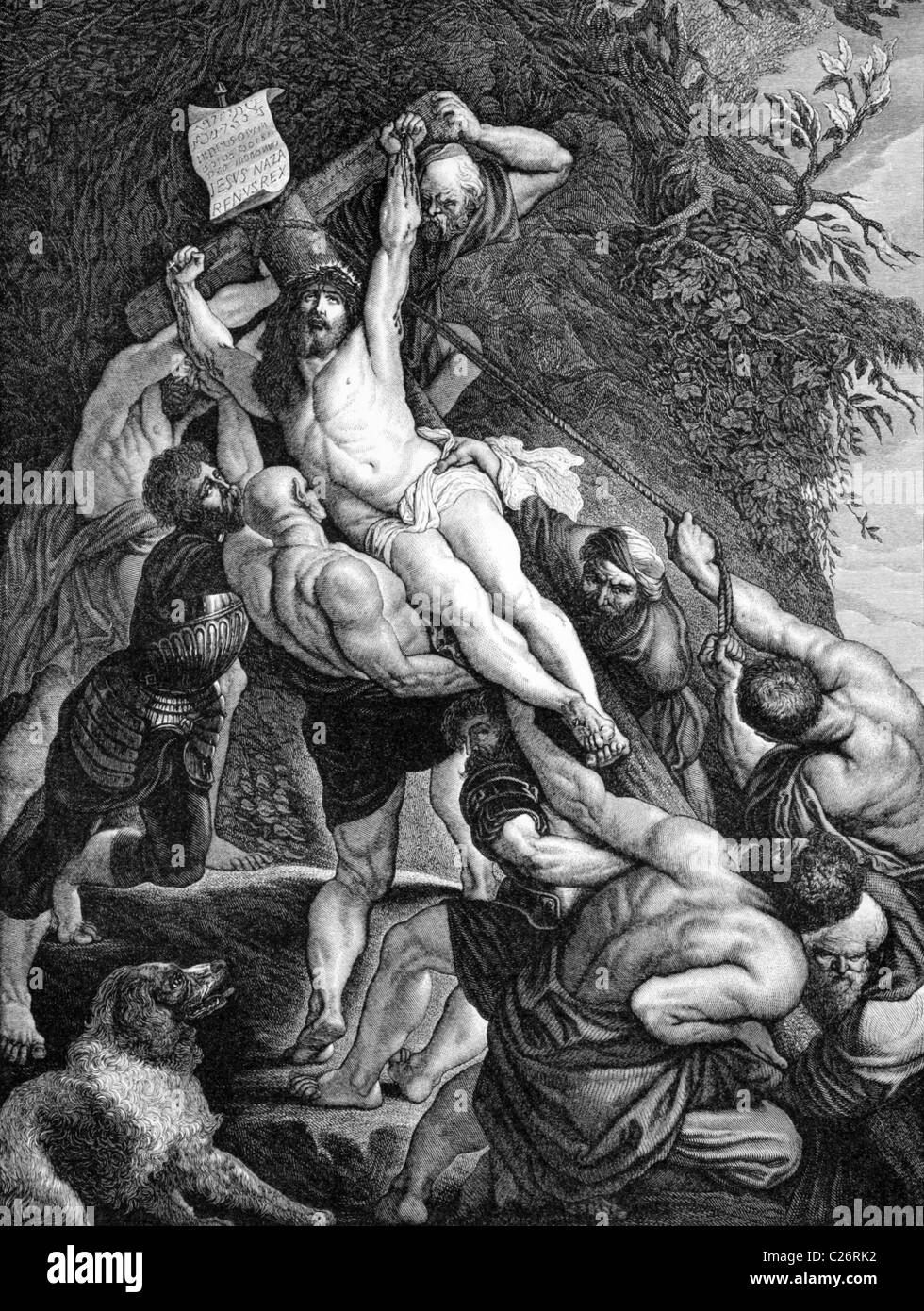 La crocifissione di Gesù su incisione dal 1840. Disegnata da F.Felsing dopo un dipinto di Rubens e inciso da J.Klaus. Foto Stock