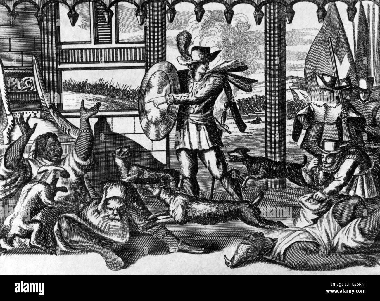 I cani di Vasco Núñez de Balboa attaccando gli Indiani su incisione da 1700s. Foto Stock