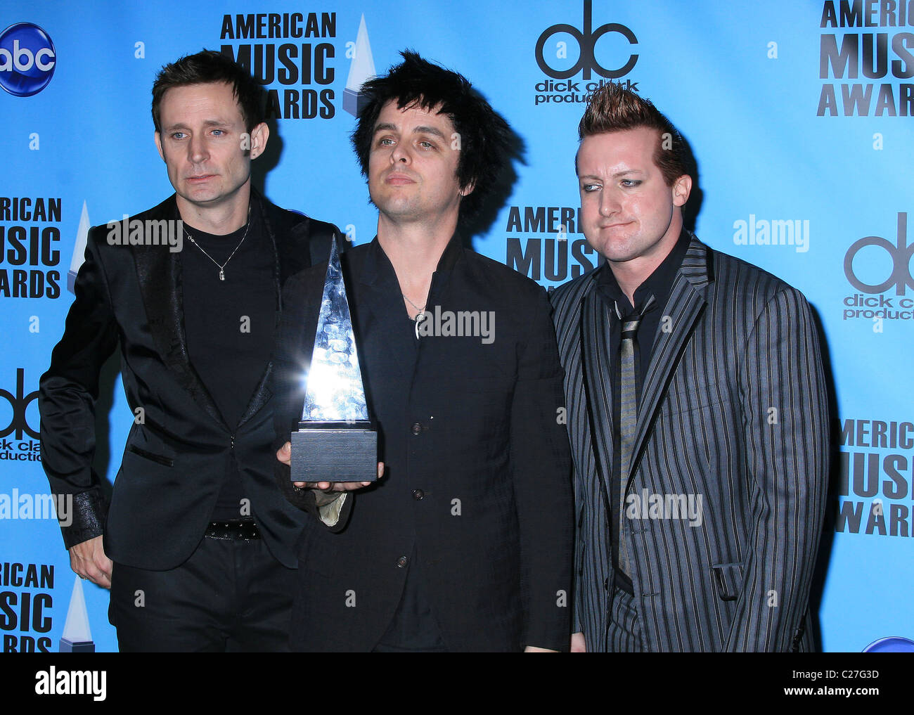 Mike Dirnt, Billie Joe Armstrong e Tre Cool di 'Giornata verde' 2009 American Music Awards - Press Room presso il Nokia Theater Foto Stock