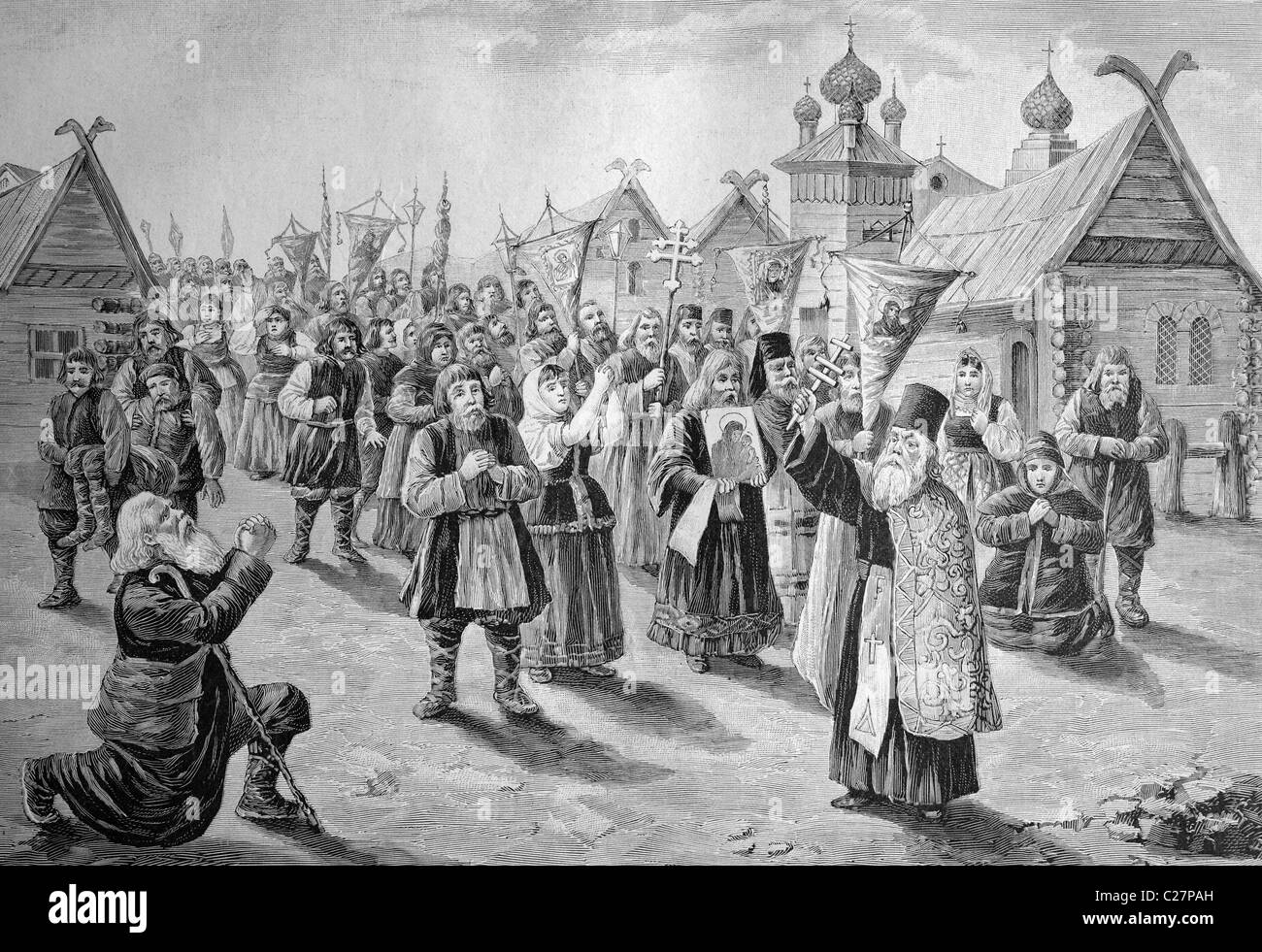 Processione di colera in Russia, illustrazione storico, ca. 1893 Foto Stock