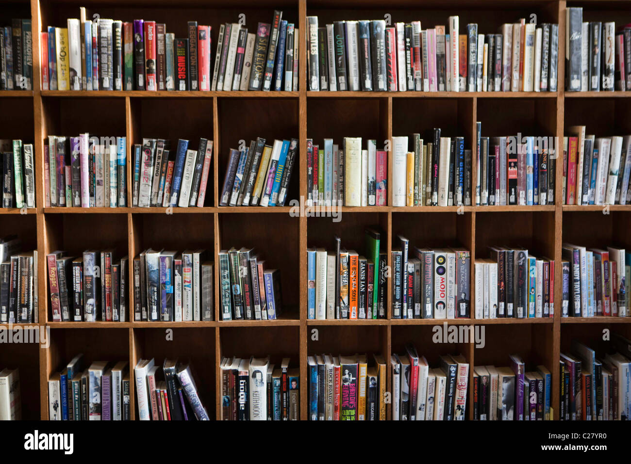Biblioteca libri sugli scaffali. Foto Stock