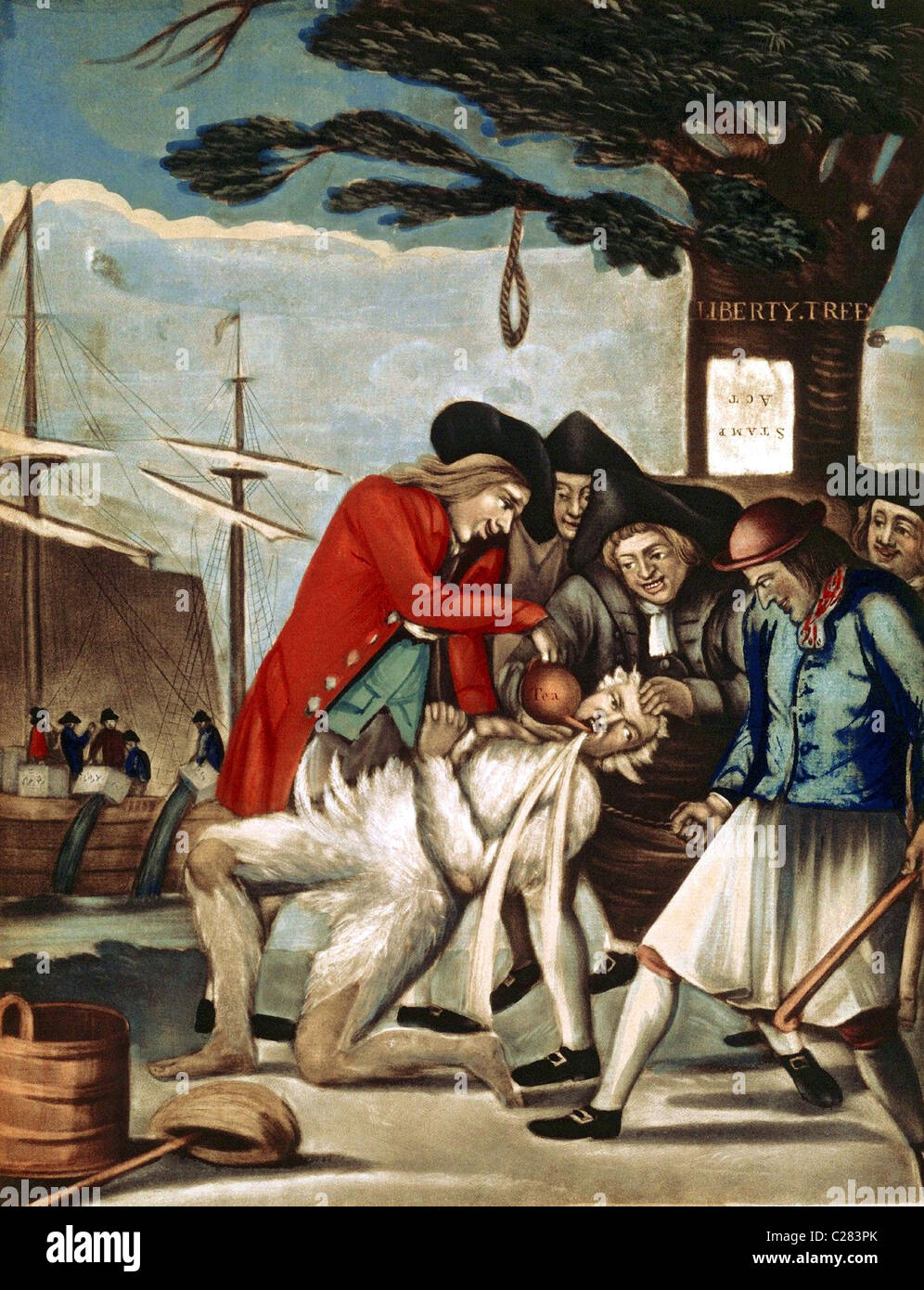 Il Bostonians il pagamento delle accise Man. I figli di Liberty tarring e la sfumatura di un esattore delle tasse al di sotto della struttura Liberty Foto Stock