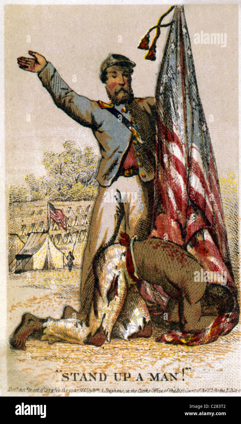 Stand up un uomo! Liberati schiavi afro-americana umiliato prima bandiera americana detenute dall Unione soldato. Foto Stock
