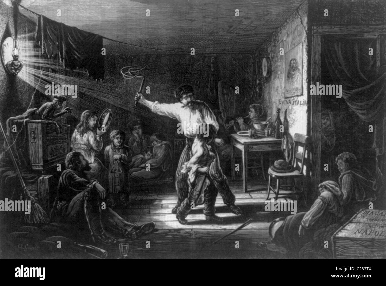 L'uomo la fustigazione piccolo ragazzo; i commercianti slave ragazzi rapiti dall'Italia. Foto Stock