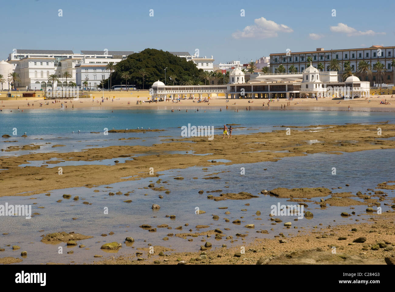 La Caleta Beach e case bagno,Cadiz,Andalucia,Spagna Foto Stock