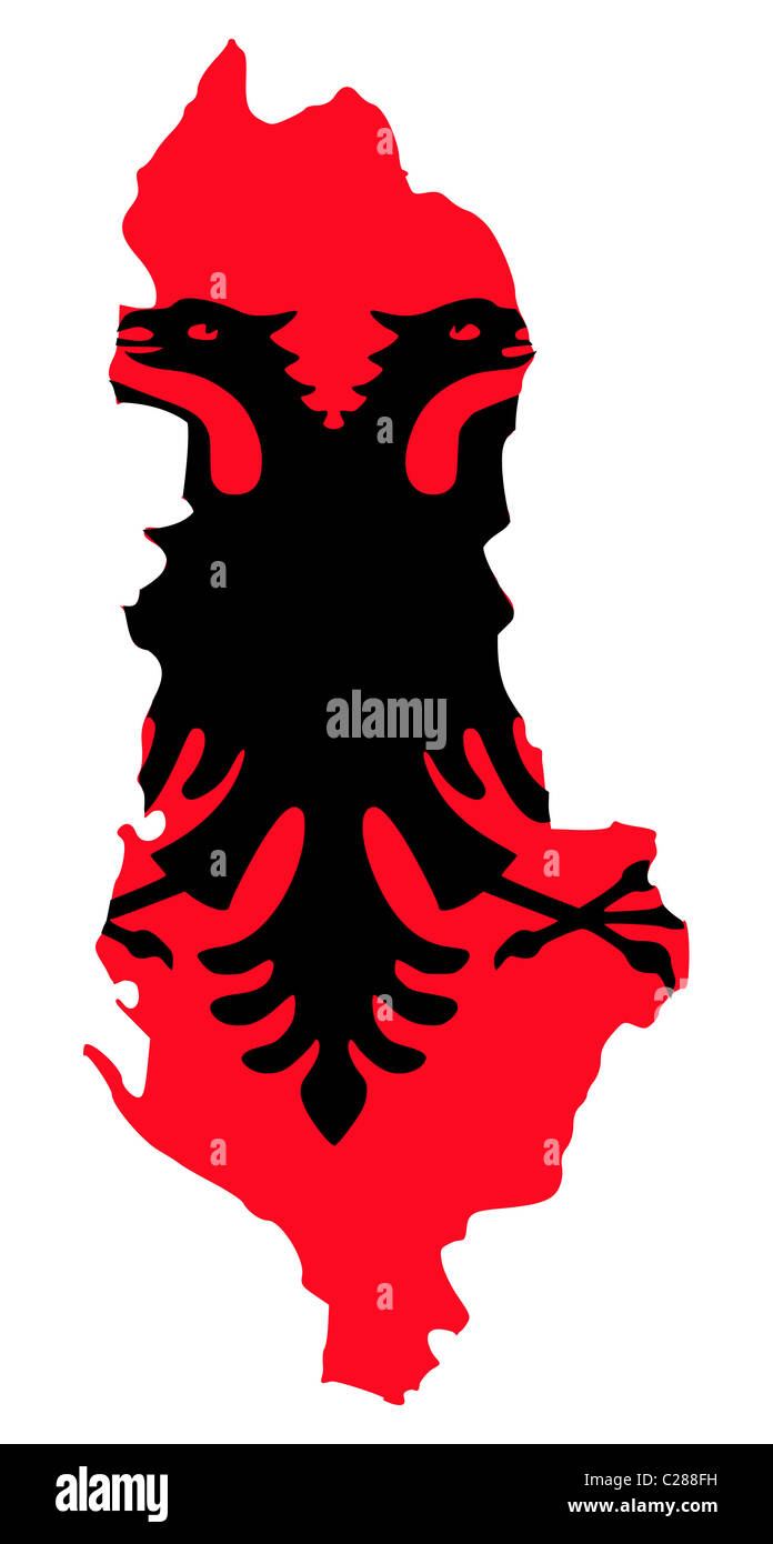 Illustrazione di Albania bandiera sulla mappa del paese; isolati su sfondo  bianco Foto stock - Alamy