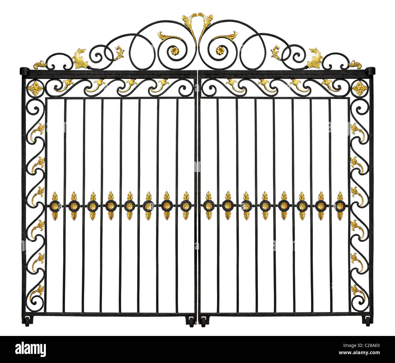Forgiato gate decorativo con foglia oro. Isolato su sfondo bianco Foto Stock