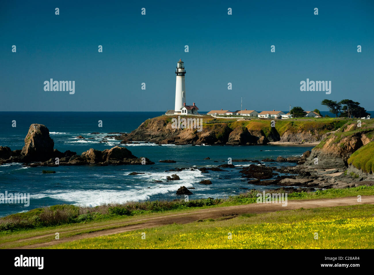 Arroccato su una rupe sulla centrale di costa della California, 50 miglia a sud di San Francisco, è il 115-piede Pigeon Point Lighthouse. Foto Stock