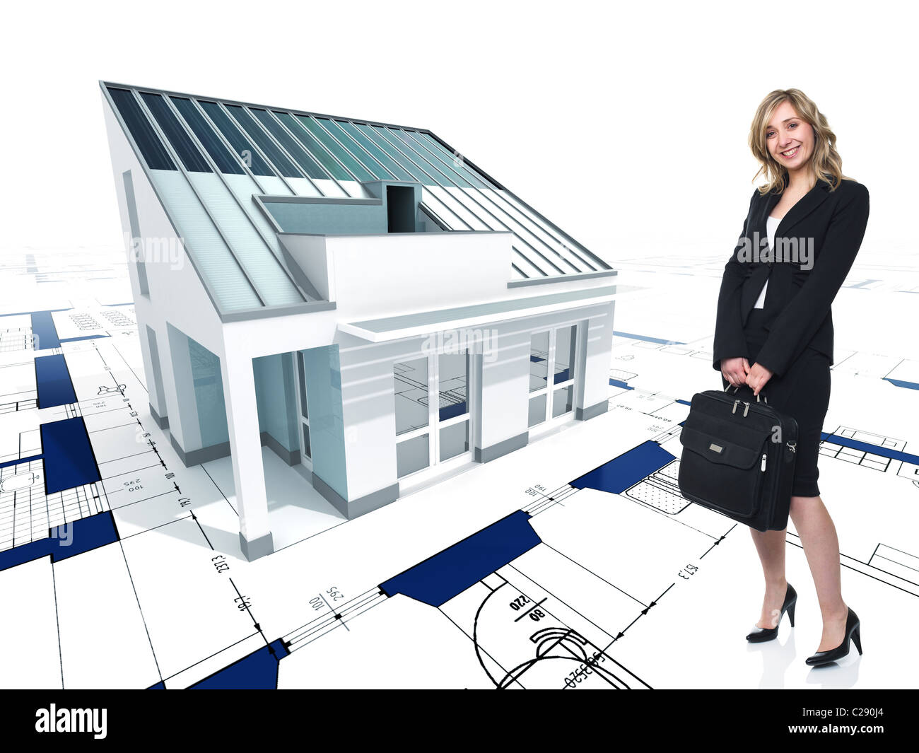 Bella immagine 3d di casa moderna su sfondo blueprint e donna permanente Foto Stock