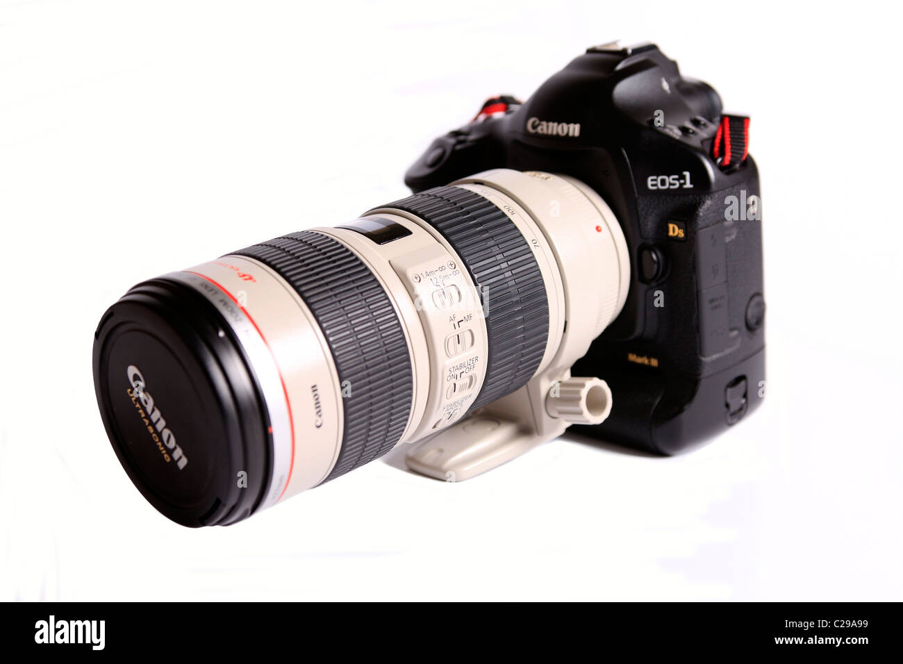Moderne professionale il corpo della fotocamera - Canon EOS 1 Ds Mark III e  70-200mm lente Foto stock - Alamy