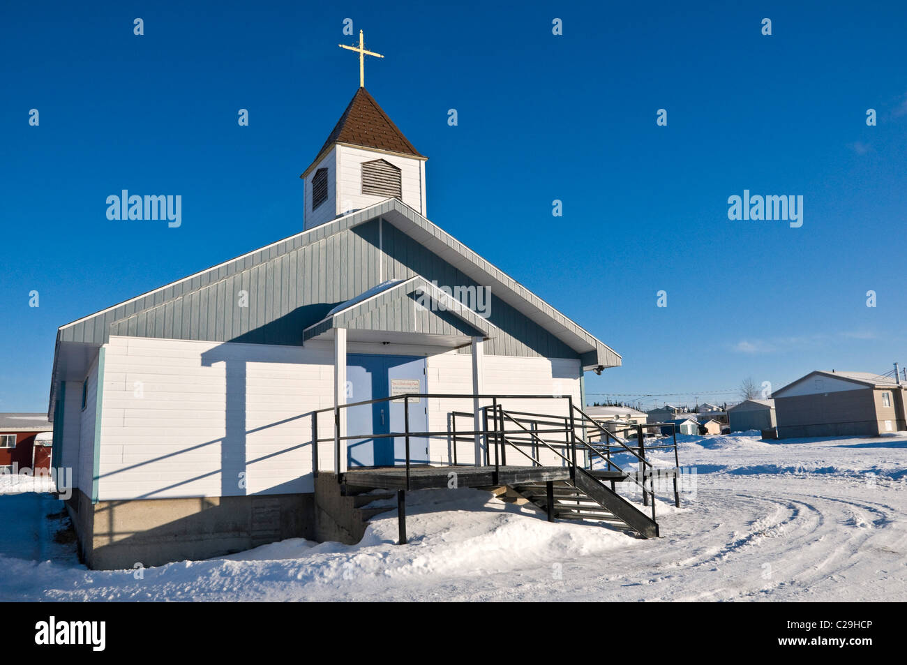 Chiesa Mistissini Cree comunità native Nord del Québec in Canada Foto Stock