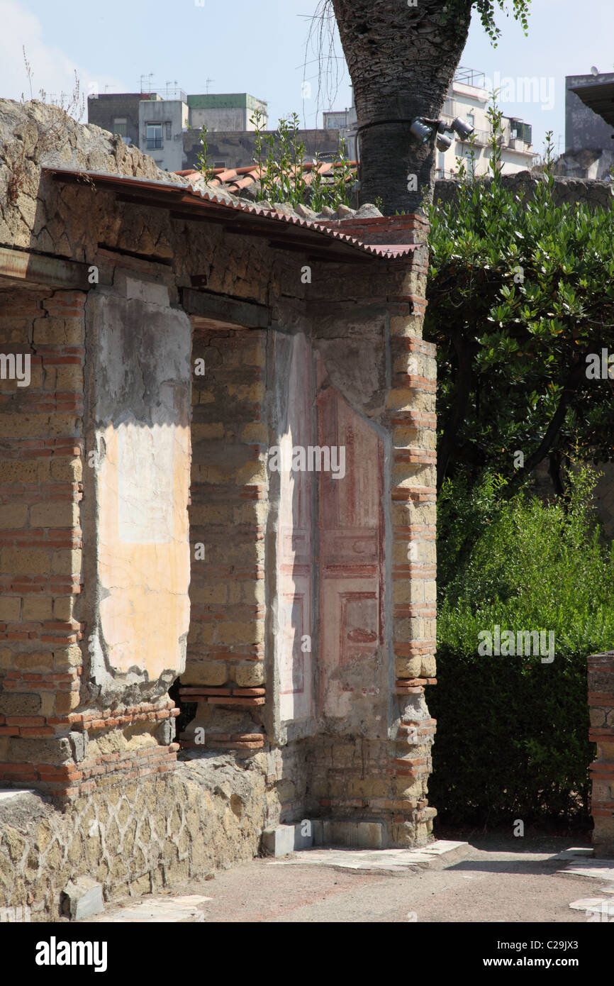 Primo piano della Casa del Cervo nelle rovine dell'antica Città di Ercolano, Campania Foto Stock