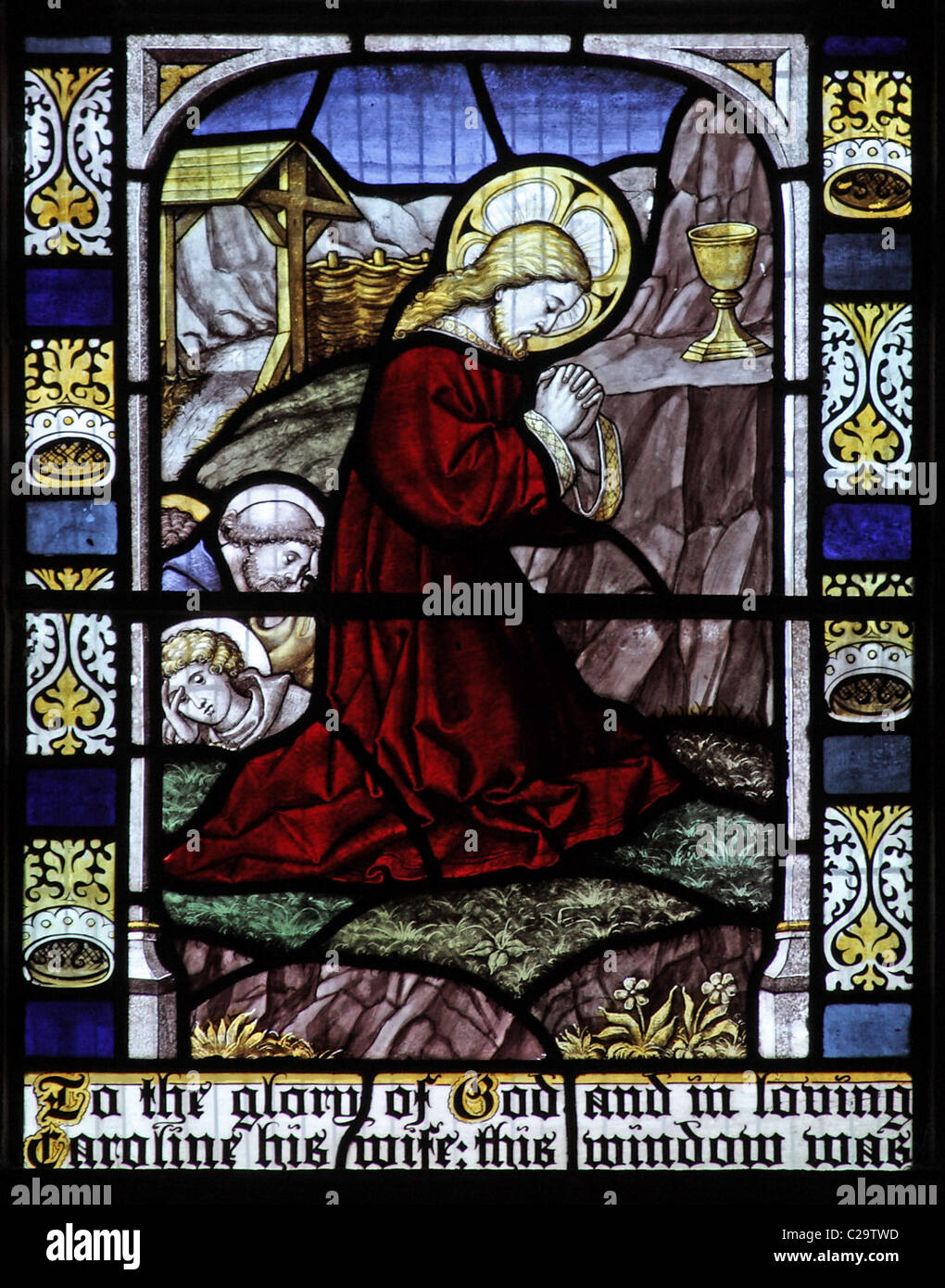 Una finestra di vetro colorato da Burlison e Grylls raffigurante l'agonia di Cristo nel Giardino del Getsemani Foto Stock