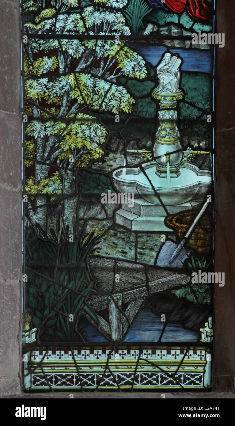 Dettaglio di una vetrata dalla Kempe Studios, raffiguranti scene di risurrezione, Greystoke, Cumbria Foto Stock