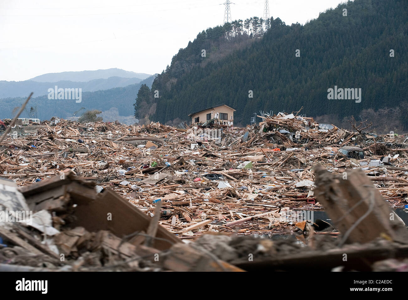 Tsunami, lasciando molti senzatetto nella città di Ofunato, Iwati Prefettura, Giappone, giovedì 24 marzo, 2011. Foto Stock