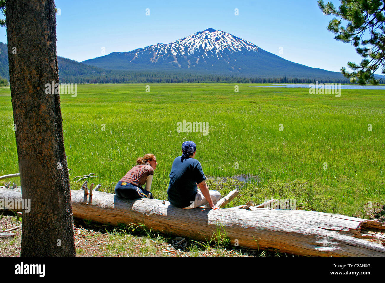 Giovane seduto al Lago di scintille vicino a Mt. Corso di laurea in cascata Lakes National Scenic Byway Oregon Foto Stock